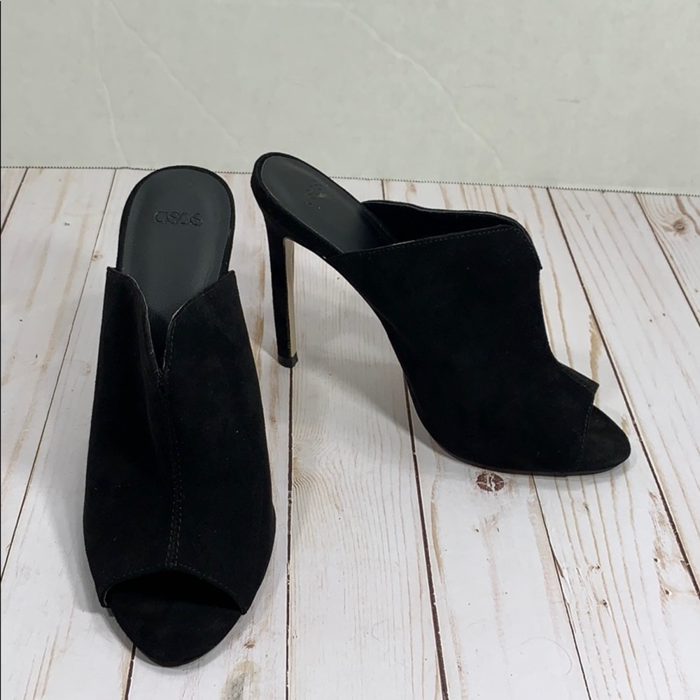 ASOS black suede heeled peep toes